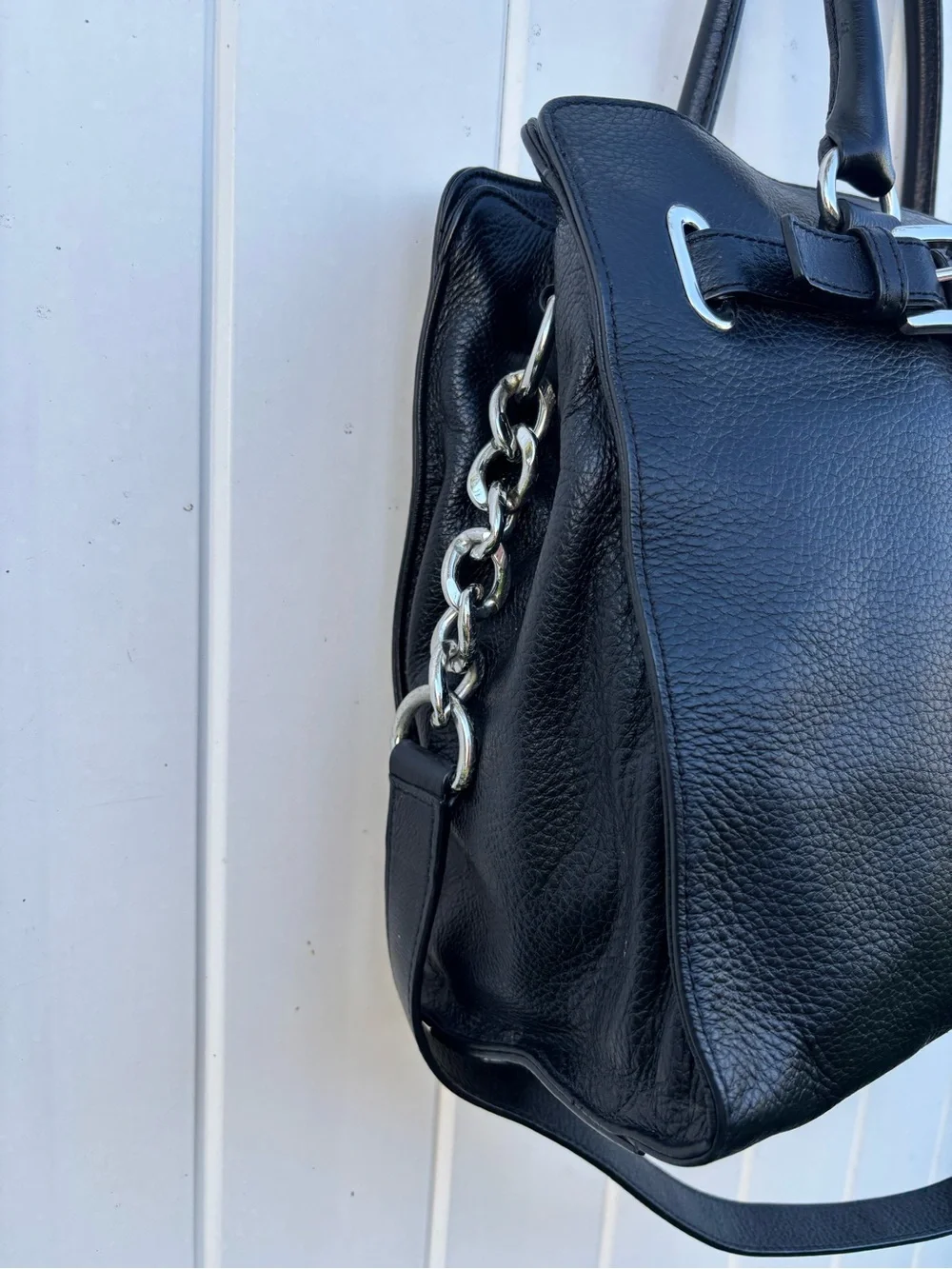 Michael Kors Large Hamilton  Satchel Tote Bag Purse  Black Pebbled Leather